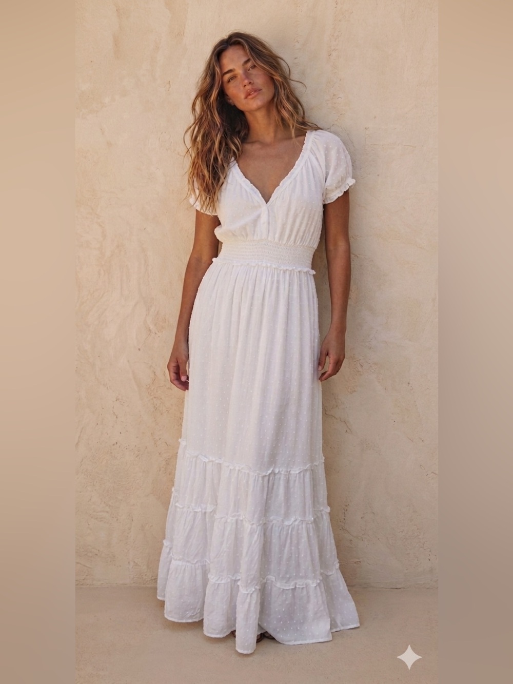 Betsey Johnson White Swiss Dot Smocked Waist Cottagecore Tiered Maxi Dress